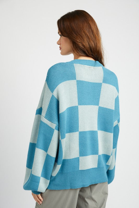 Checkered Bubble Sleeve Sweater