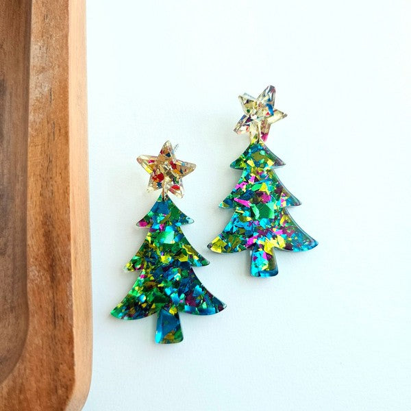 Christmas Tree Earrings - Green Sparkle