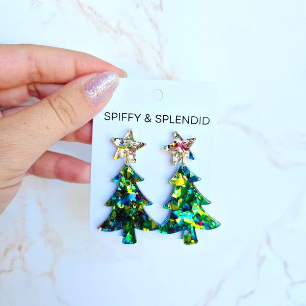 Christmas Tree Earrings - Green Sparkle