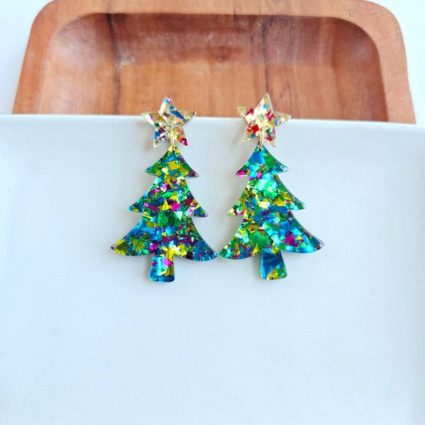 Christmas Tree Earrings - Green Sparkle