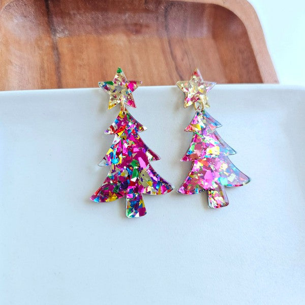 Christmas Tree Earrings - Pink Sparkle