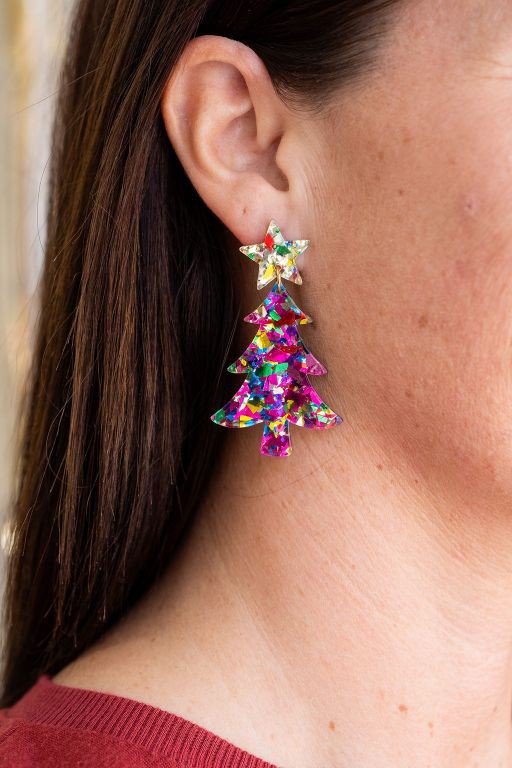 Christmas Tree Earrings - Pink Sparkle