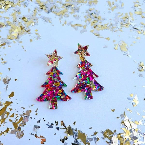 Christmas Tree Earrings - Pink Sparkle