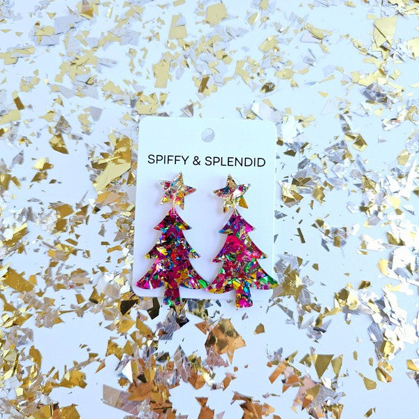 Christmas Tree Earrings - Pink Sparkle