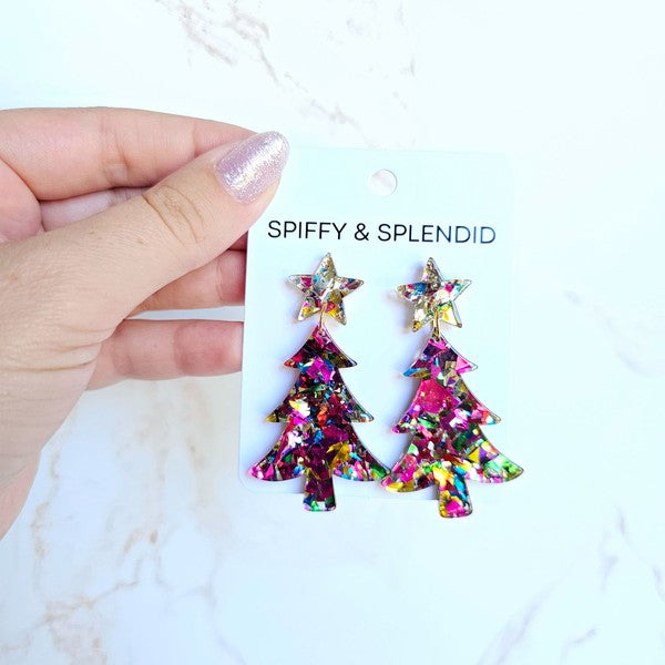 Christmas Tree Earrings - Pink Sparkle
