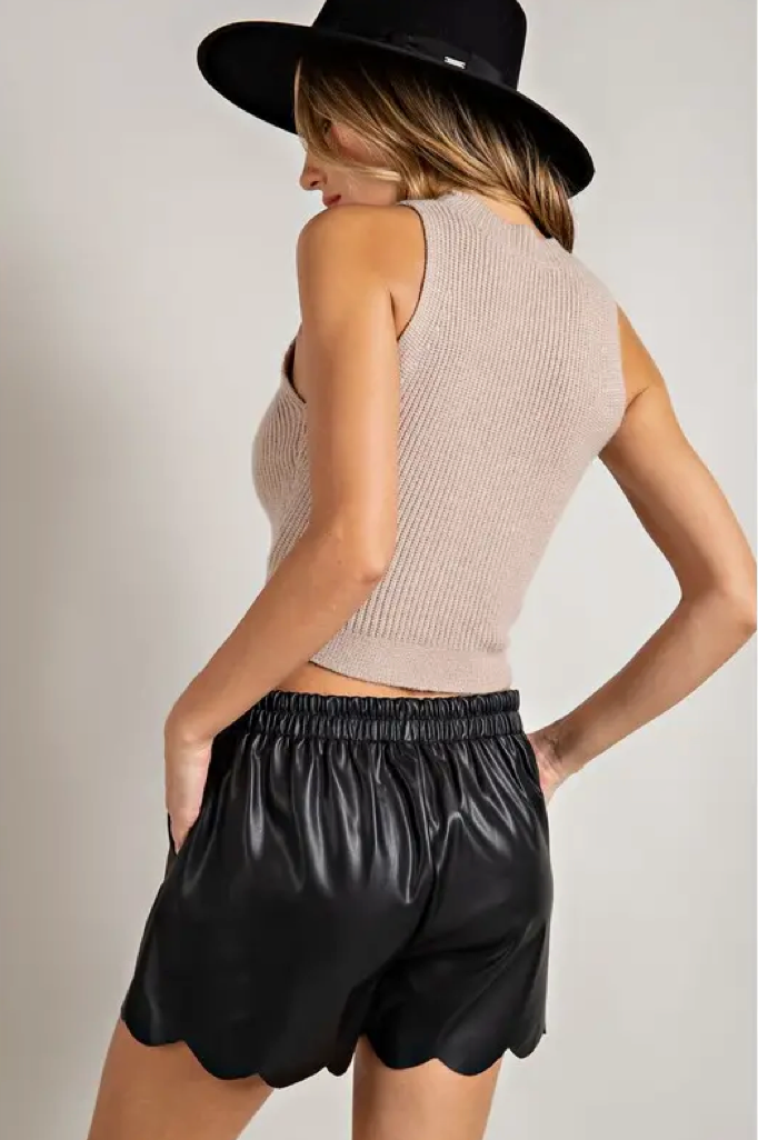 Black Leather Scalloped Shorts