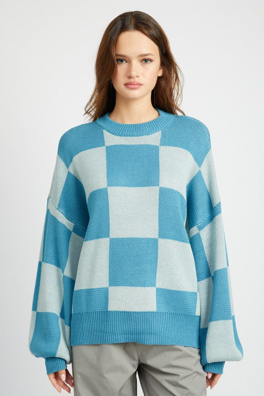 Checkered Bubble Sleeve Sweater