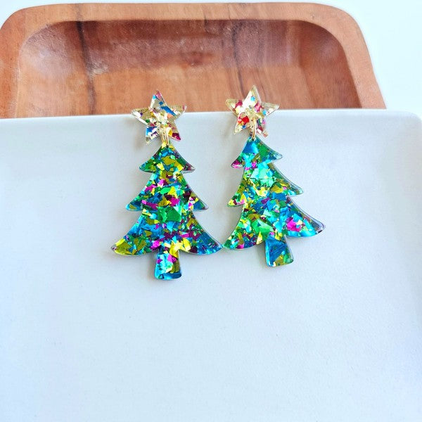 Christmas Tree Earrings - Green Sparkle