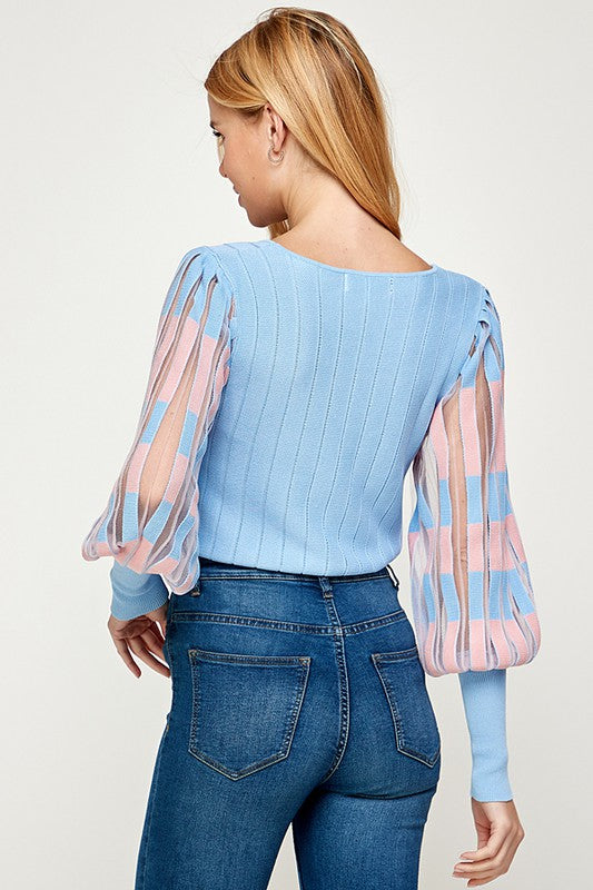 Blue + Pink Sheer Sleeve Sweater