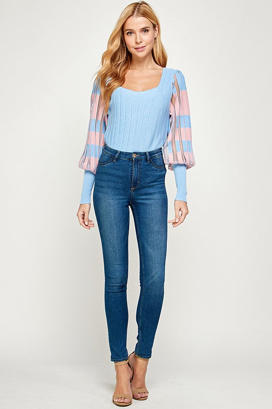 Blue + Pink Sheer Sleeve Sweater